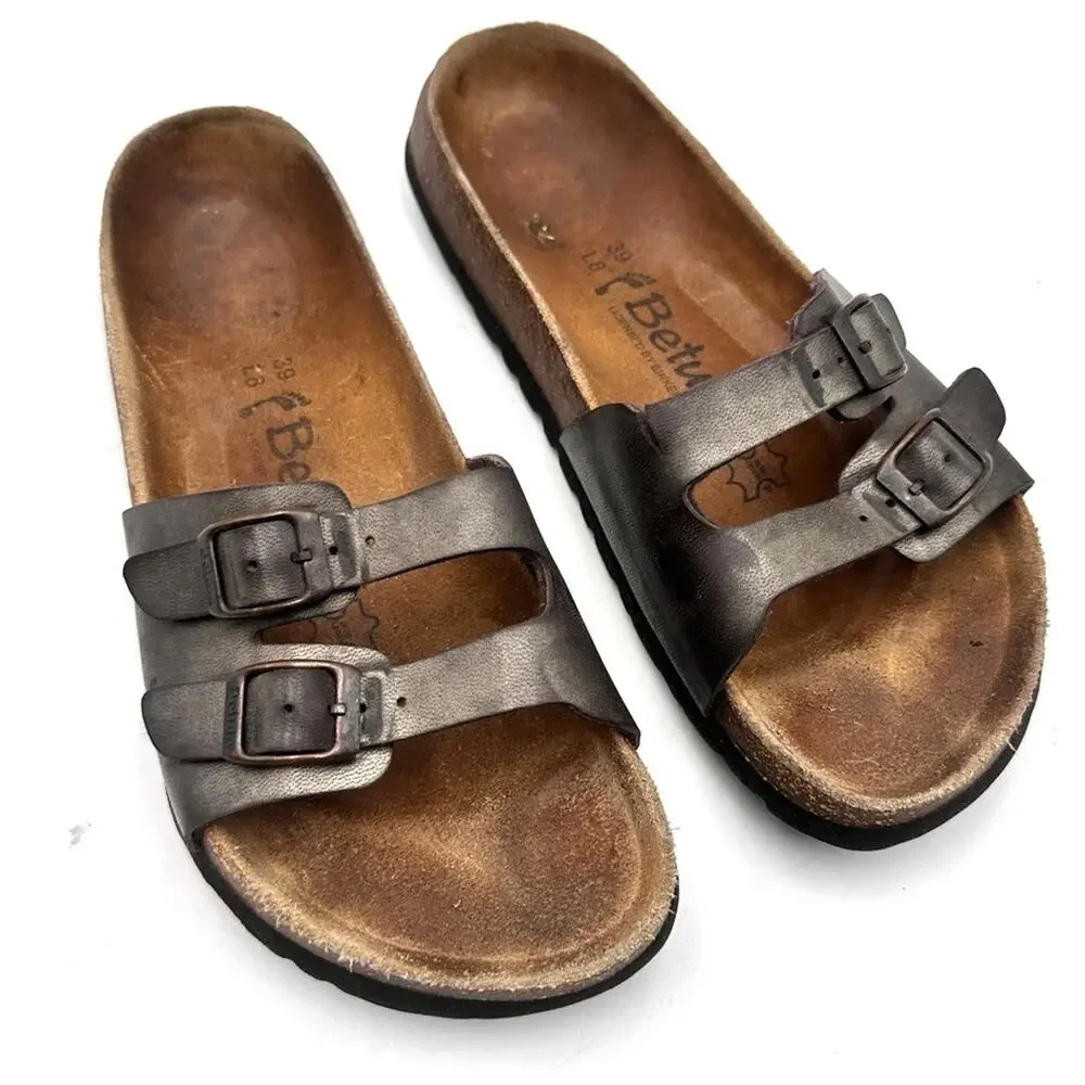 Birkenstocks Betula Birks Two Toe Strap Cork Leather Buckle Narrow 39 size 8